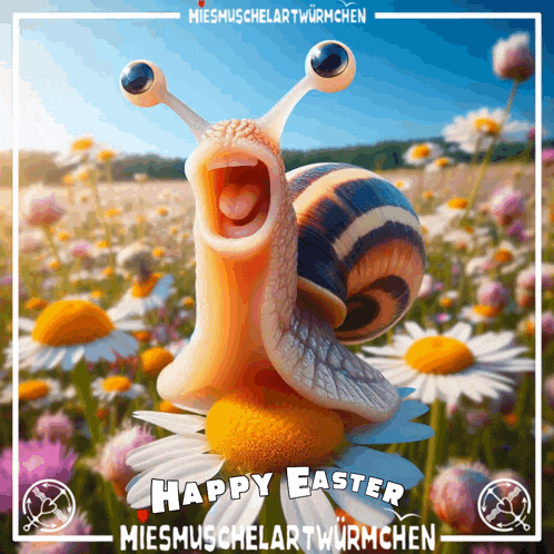 a picture of a snail with its mouth open and the words happy easter
