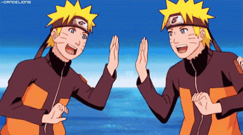 two anime characters are giving each other high fives