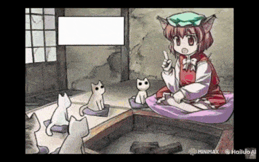 a cartoon of a girl sitting on a pillow surrounded by kittens