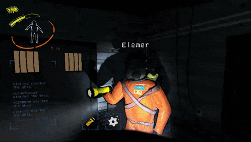 a man in a gas mask stands in front of a door with the word element on it