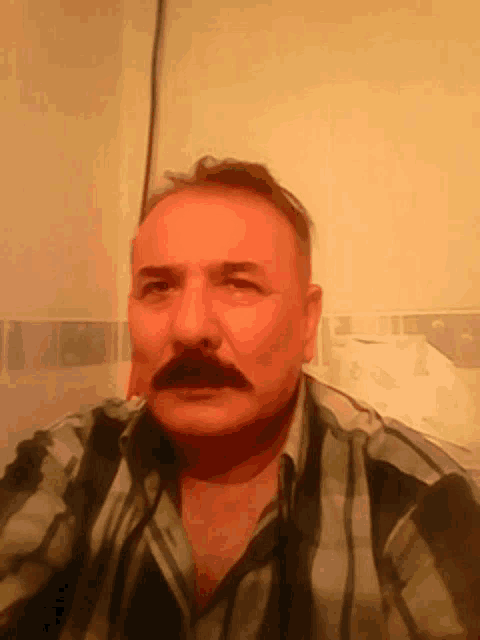 a man with a mustache and a plaid shirt looks at the camera