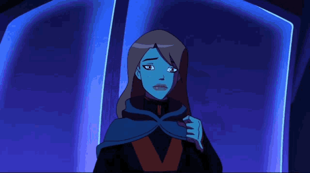 a cartoon character is wearing a blue hooded cape