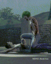 a man with green hair is laying on another man 's lap with nemo-beatrice written on the bottom
