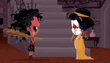 two cartoon characters are standing next to each other and one is holding a club