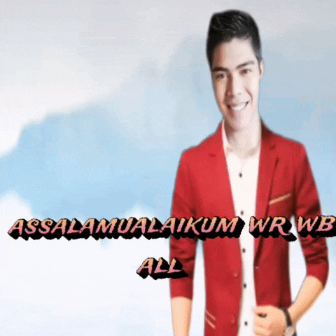 a man in a red jacket stands in front of the words assalamualaikum wr wb all