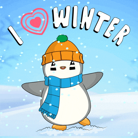 a penguin wearing a hat and scarf is standing in the snow and says " i love winter "
