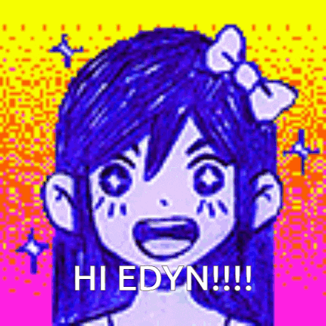 a cartoon girl with blue hair and a bow on her head is smiling and says `` hi edyn !!! '' .