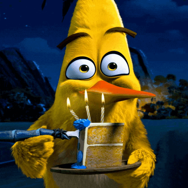 a yellow cartoon bird is holding a cake with candles in its beak