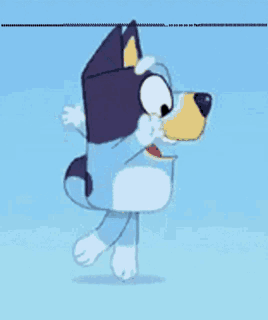 a cartoon character is dancing on a blue background with a purple hat .