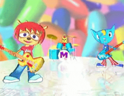 a cartoon character is playing a guitar in a band with a cat .