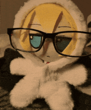 a stuffed animal wearing glasses and a white hoodie