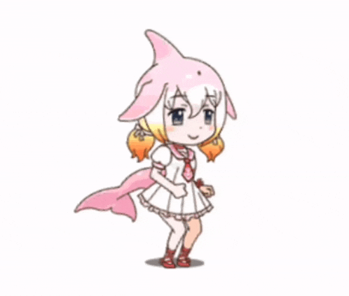 a girl with a dolphin head and tail is wearing a white dress and red shoes .