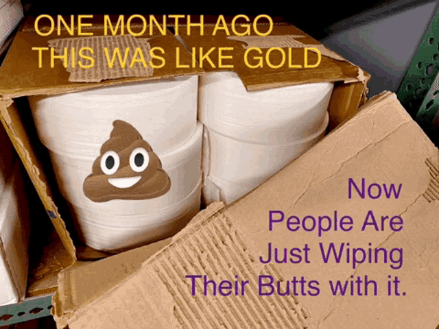 a box of toilet paper has a picture of a poop on it and says one month ago this was like gold