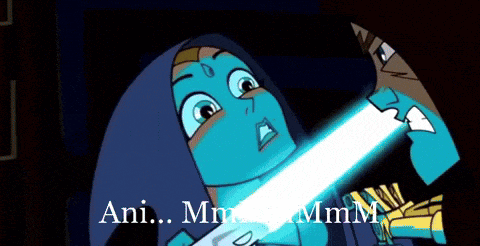 a cartoon of a woman holding a light saber with the words ani written below it