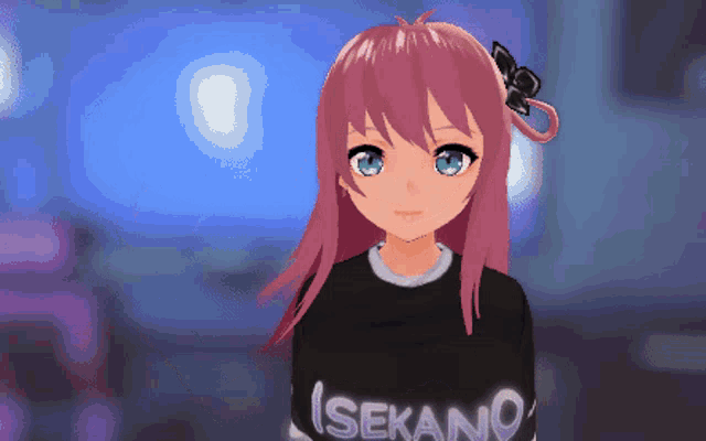 a girl with pink hair is wearing a black shirt that says ' isekano '