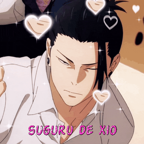 a picture of a man with hearts around his head and the words suguru de xio