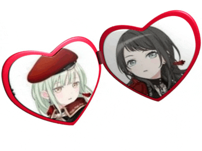 a pair of heart shaped mirrors with anime girls on them