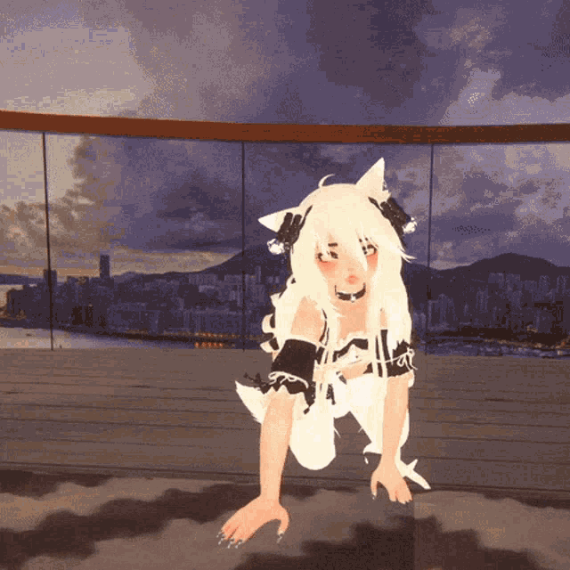 a girl with white hair and cat ears is kneeling down on the ground