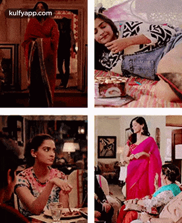 a collage of four pictures of a woman in a saree