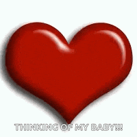 a red heart with the words `` thinking of my baby '' written below it on a white background .