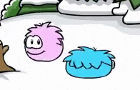 a pink and blue cartoon character are standing in the snow .