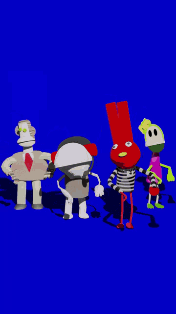 a group of cartoon characters on a blue background