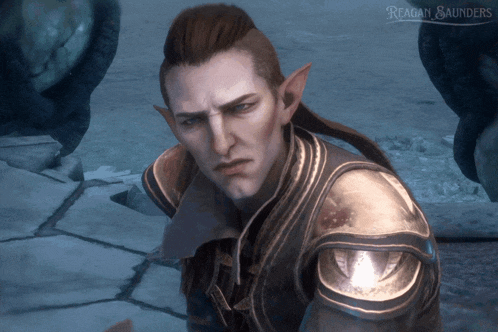 a video game character with the name reagan saunders behind him