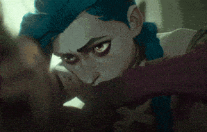 a close up of a girl with blue hair and red eyes