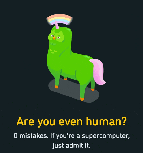 a green unicorn with a rainbow on its head and the words " are you even human "