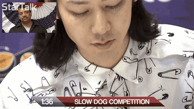 a close up of a person 's face with the words slow dog competition on the bottom