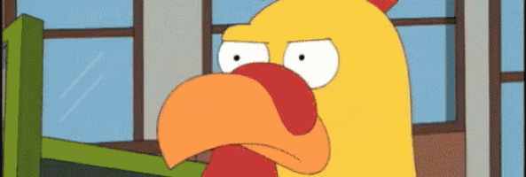 a cartoon chicken with a large beak is looking at a window