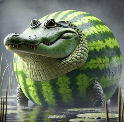 a crocodile that looks like a watermelon is swimming in a pond
