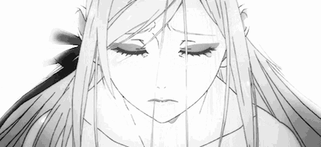 a black and white drawing of a sad anime girl with her eyes closed and her hair blowing in the wind .