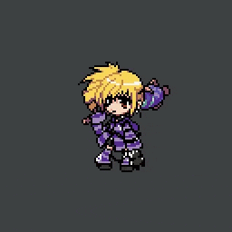 a pixel art of a boy with yellow hair and purple clothes holding a bat .