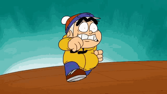 a cartoon character wearing a yellow jacket and a red hat is running on a sidewalk .