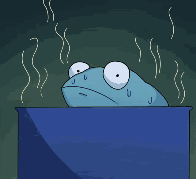 a cartoon of a frog looking out of a blue pot