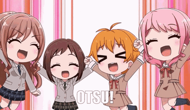 a group of anime girls are standing next to each other and the word otsu is on the bottom right