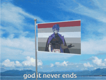 a flag with a picture of a man and the words god it never ends below it