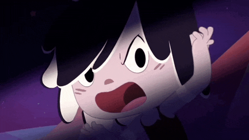 a close up of a cartoon character with a surprised look on her face