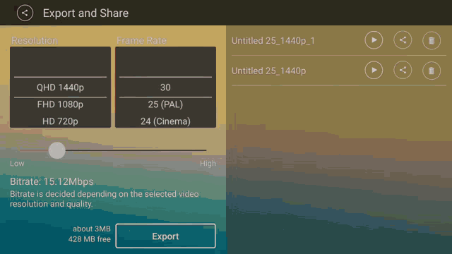 a screen shows the export and share button