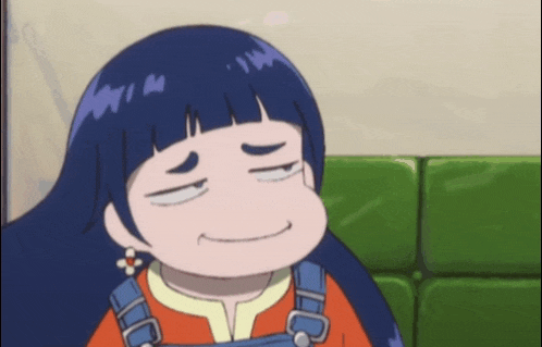 a cartoon girl with blue hair and overalls is making a funny face