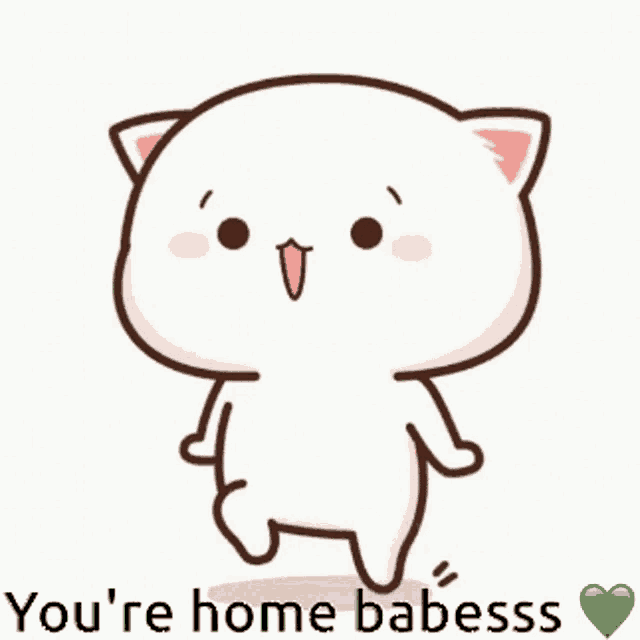 a cartoon cat is walking and saying `` you 're home babessss ''
