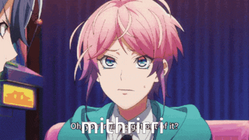 a girl with pink hair and blue eyes is talking to another girl with blue eyes