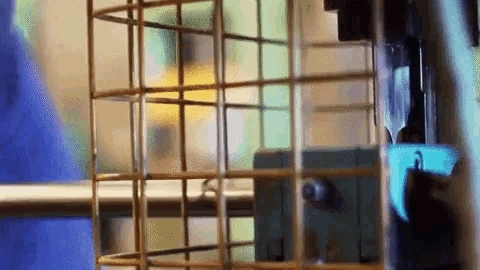 a close up of a cage with a green box in the background