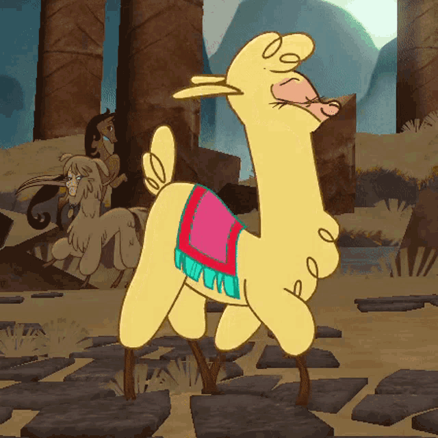 a cartoon llama with a pink and blue blanket on its back