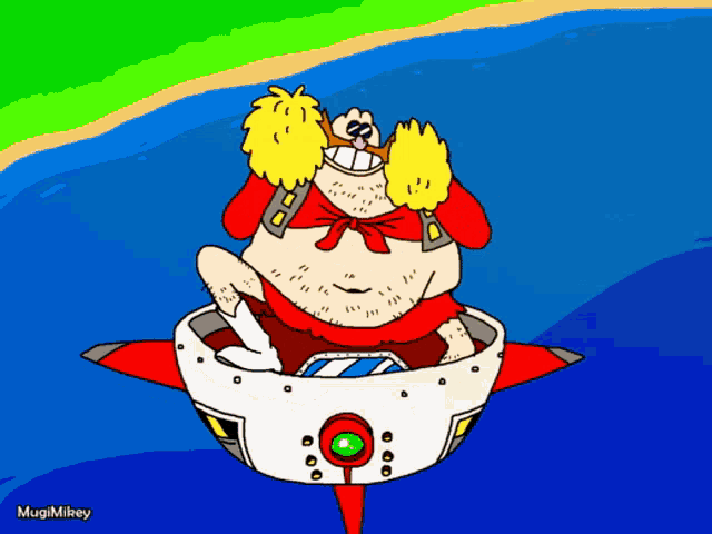 a cartoon of a man sitting on a rocket with mugimikey written underneath him