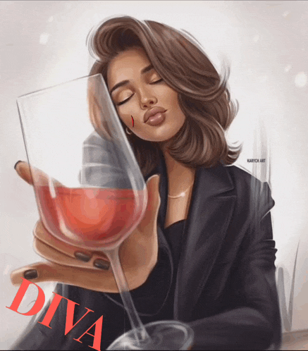 a drawing of a woman holding a glass of wine with the word diva below her