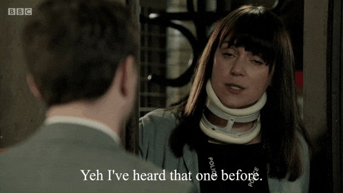 a woman with a neck brace is talking to a man with bbc written on the bottom