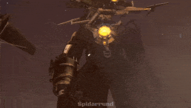 a video game screen shows a giant robot with the name spiderrlund on the bottom