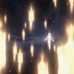 a glowing figure is surrounded by flames in a dark space